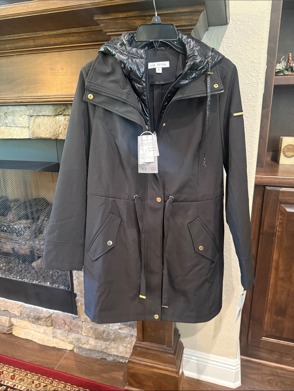 Via Spiga Black Hooded Trench Coat with Quilted Liner
